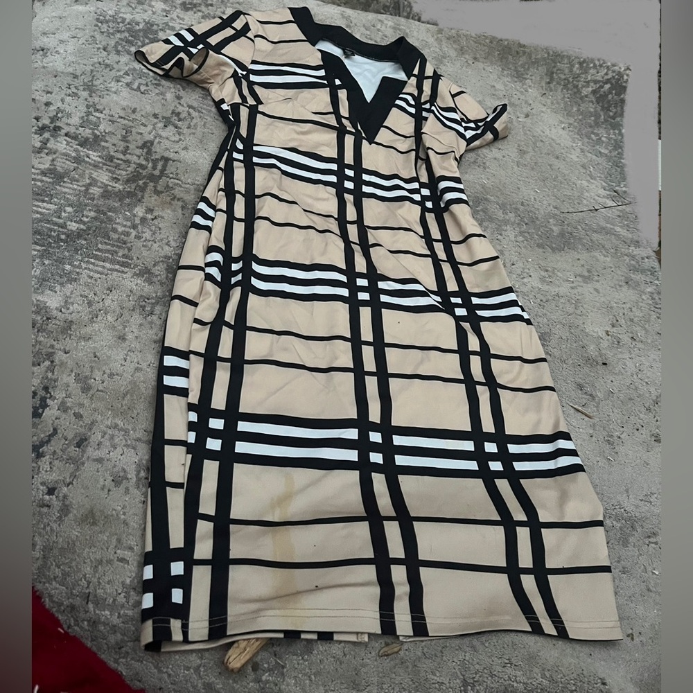 SHEIN Beige Black and White Plaid Midi Dress